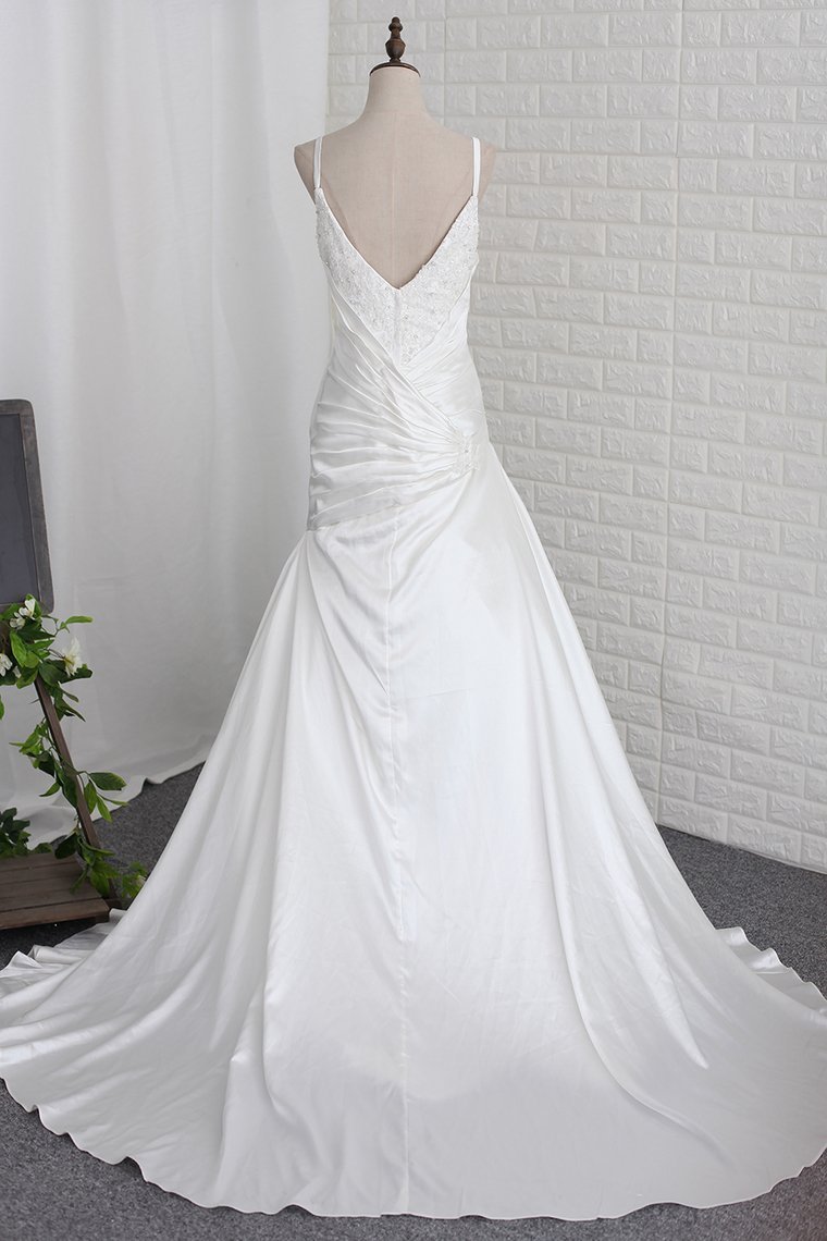 BMbridal Stylish Straps Sweetheart Wedding Dress White Satin Lace Appliques Beadings Bridal Gowns Online-BMbridal