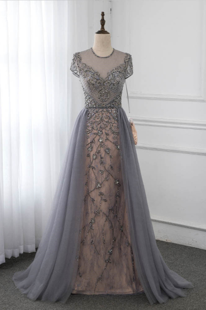 BMbridal Stylish Jewel Appliques Short Sleeves Prom Dresses with Rhinestone Online