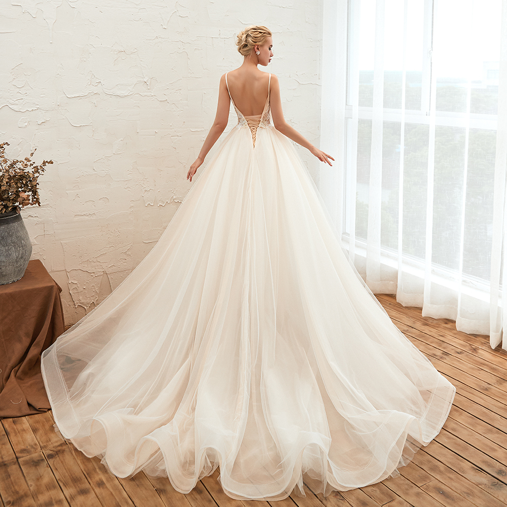 BMbridal Elegant Spaghetti-Starps Tulle Wedding Dress With Appliques