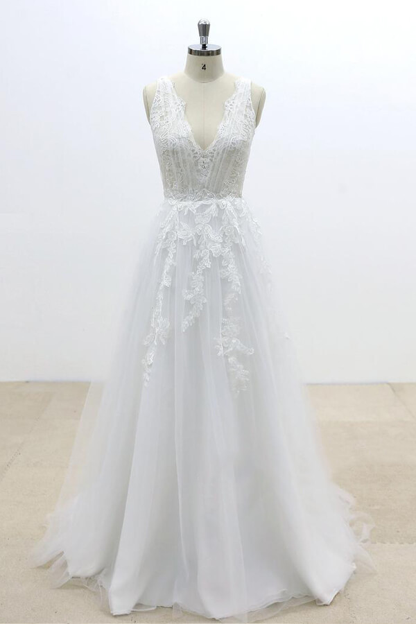BMbridal Ruffle V-neck Appliques Tulle A-line Wedding Dress On Sale-BMbridal