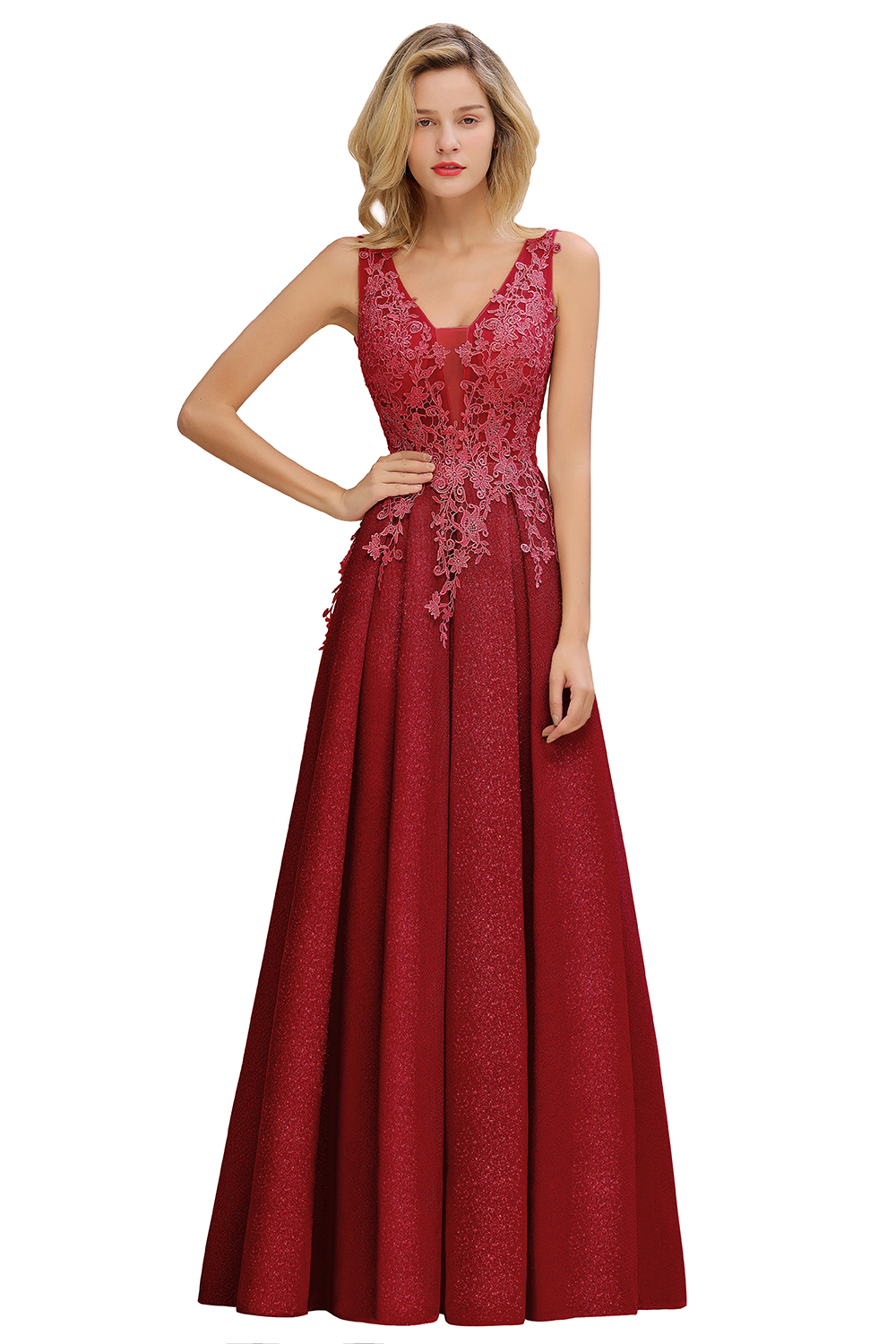 BMbridal Dusty Pink V-Neck Long Prom Dress With Lace Appliques Online
