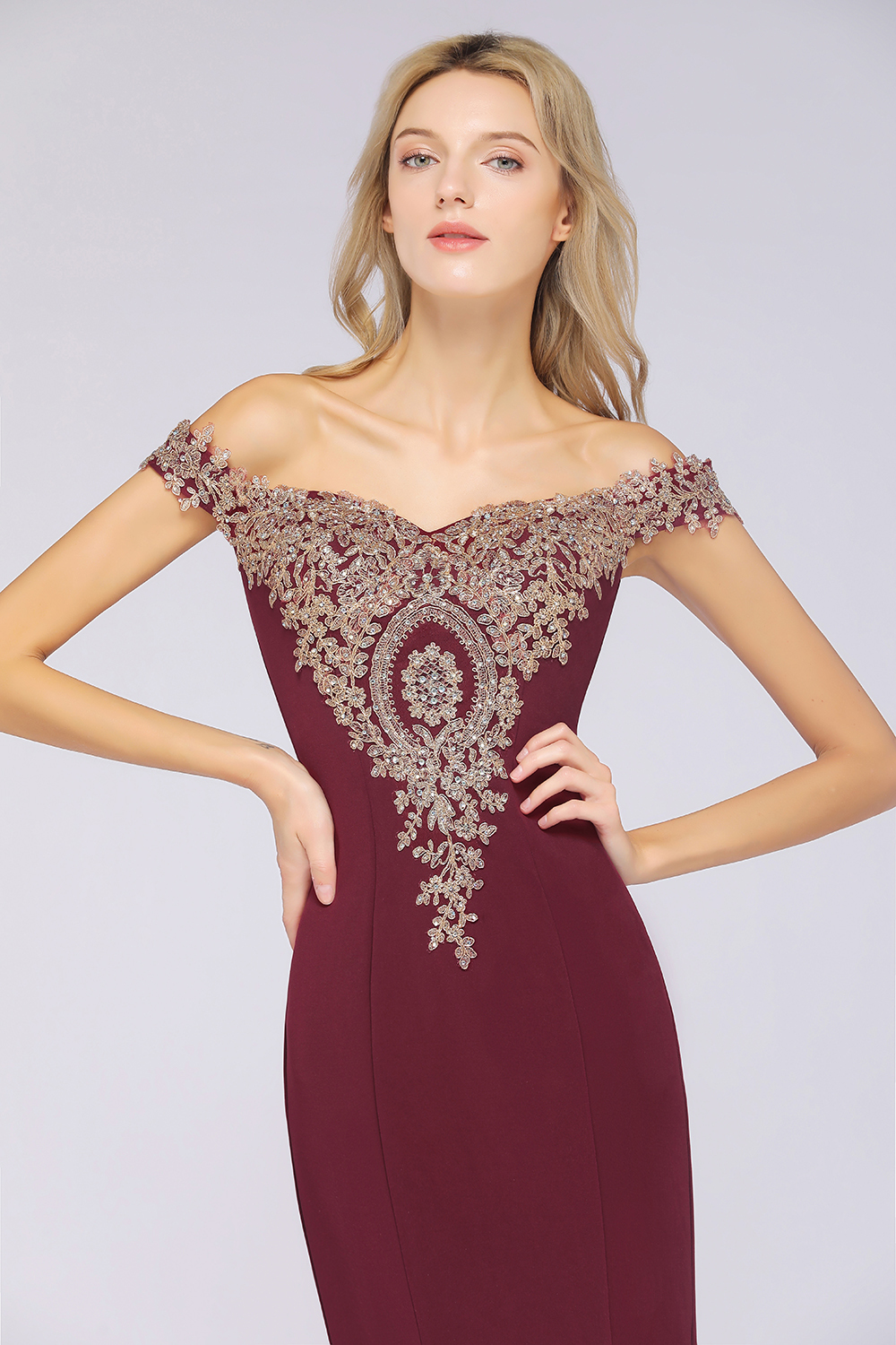 BMbridal Elegant Off-the-Shoulder Mermaid Prom Dress Long With Lace Appliques