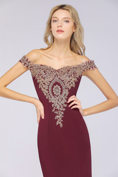 BMbridal Elegant Off-the-Shoulder Mermaid Prom Dress Long With Lace Appliques