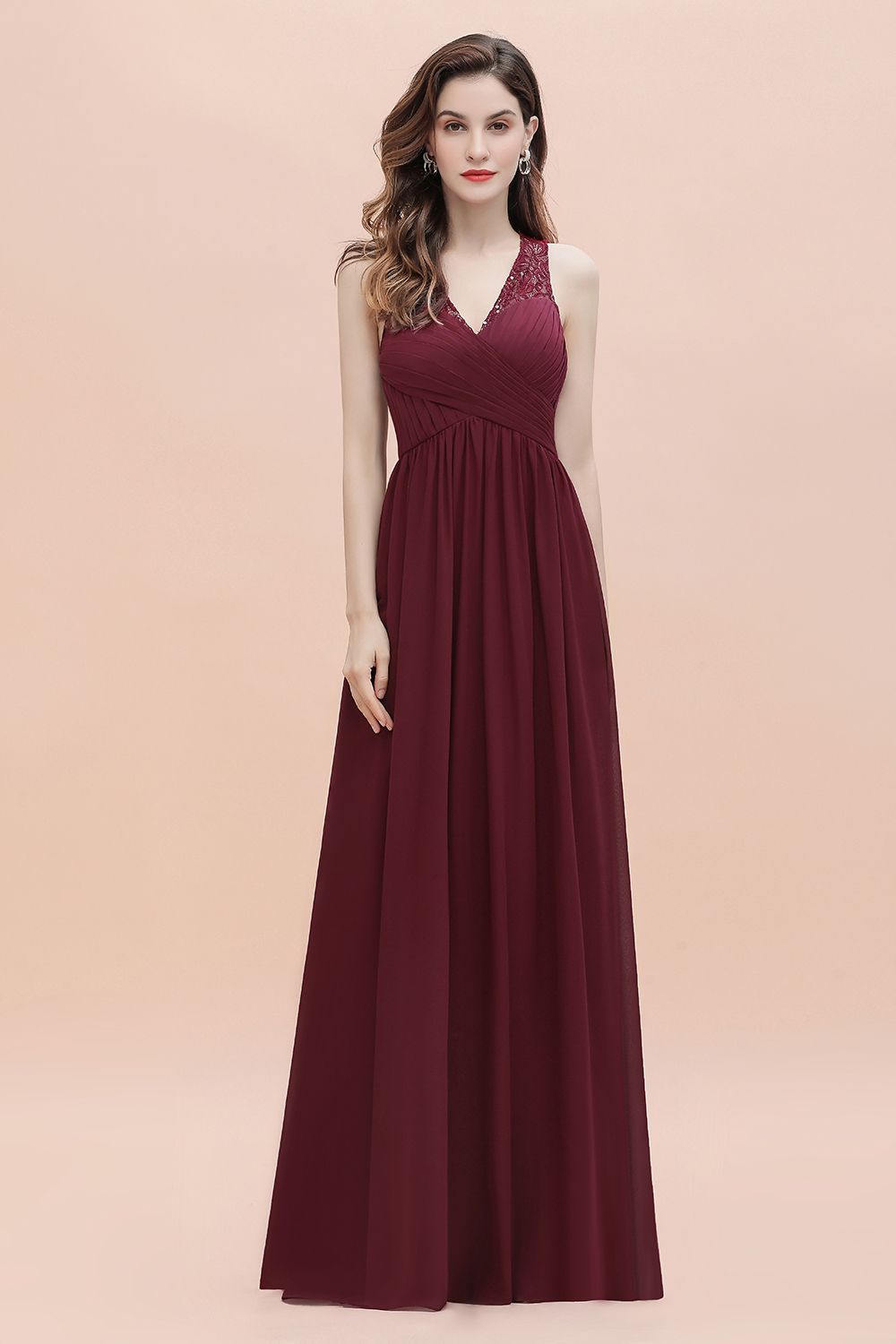 BMbridal Elegant V-Neck Lace Ruffles Bridesmaid Dress Sequins Burgundy Chiffon Evening Dress