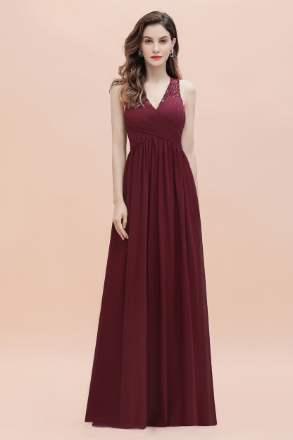 BMbridal Elegant V-Neck Lace Ruffles Bridesmaid Dress Sequins Burgundy Chiffon Evening Dress