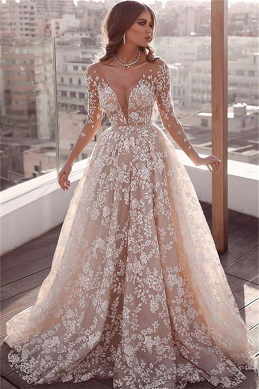 Long Sleeves Tulle A Line Wedding Dress with Lace Appliques