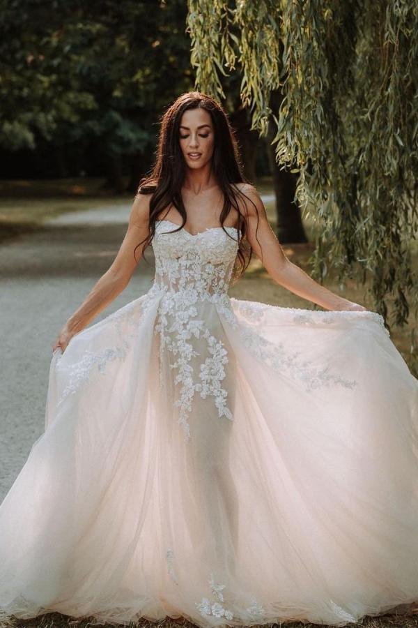 Bmbridal Sweetheart Champagne Wedding Dress Long Beach With Appliques-BMbridal