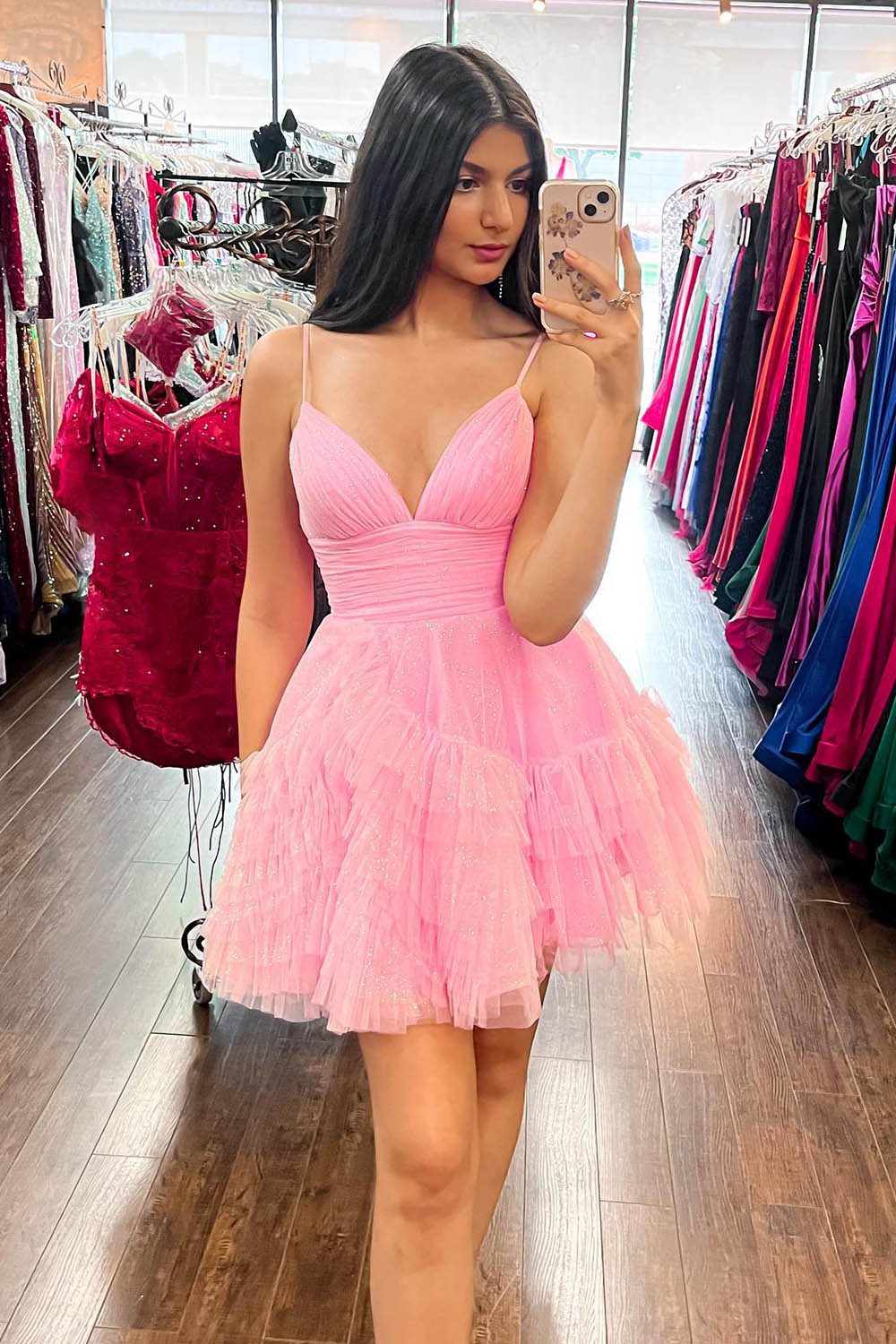 Glitter Pink Tulle A-Line Short Ruffled Homecoming Dress-BMbridal