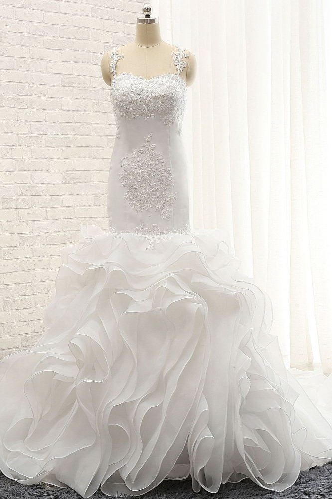 BMbridal Sexy Sleeveless Straps Ruffles Wedding Dresses With Appliques White Mermaid Satin Bridal Gowns Online-BMbridal