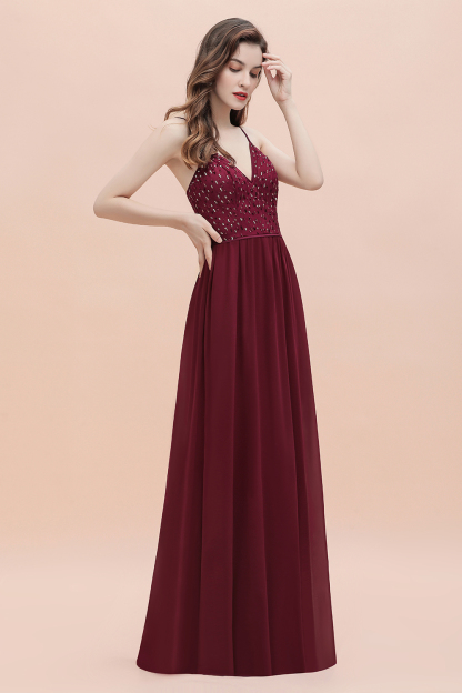 BMbridal Fabulous A-line Burgundy Chiffon Bridesmaid Dress V-Neck Spaghetti Straps Sequins Evening Dress-BMbridal