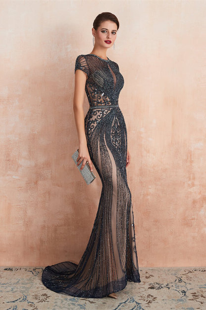 Elegant Short Sleeve Jewel Neck Mermaid Prom Dress With Beading