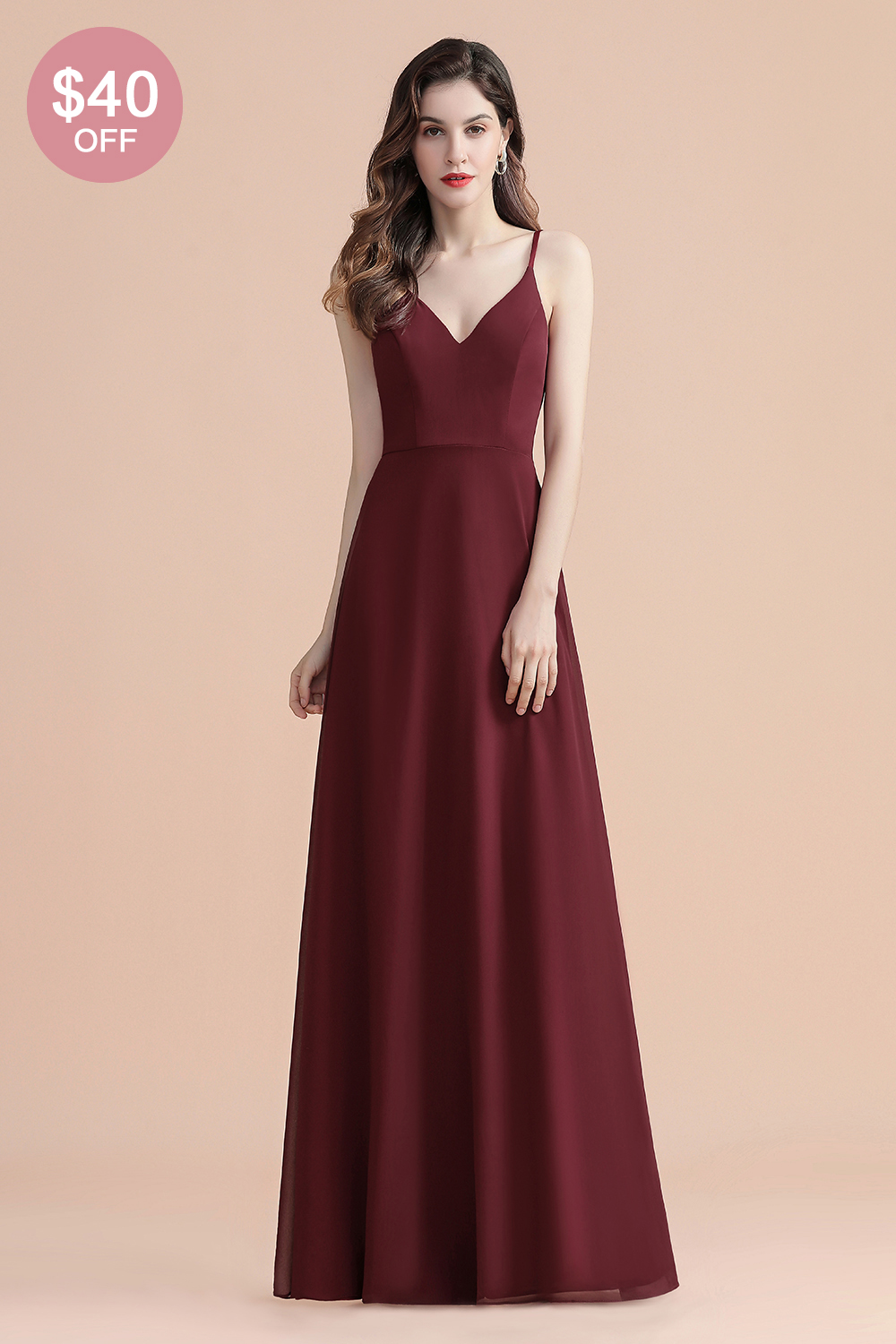 BMbridal Elegant V-Neck Burgundy Chiffon Bridesmaid Dress Lace Sequins Spaghetti Straps Evening Dress-BMbridal