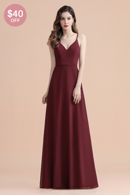 BMbridal Elegant V-Neck Burgundy Chiffon Bridesmaid Dress Lace Sequins Spaghetti Straps Evening Dress-BMbridal