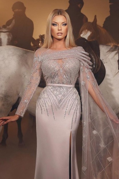 Bmbridal Long Sleeve Split Front Prom Dress With Appliques