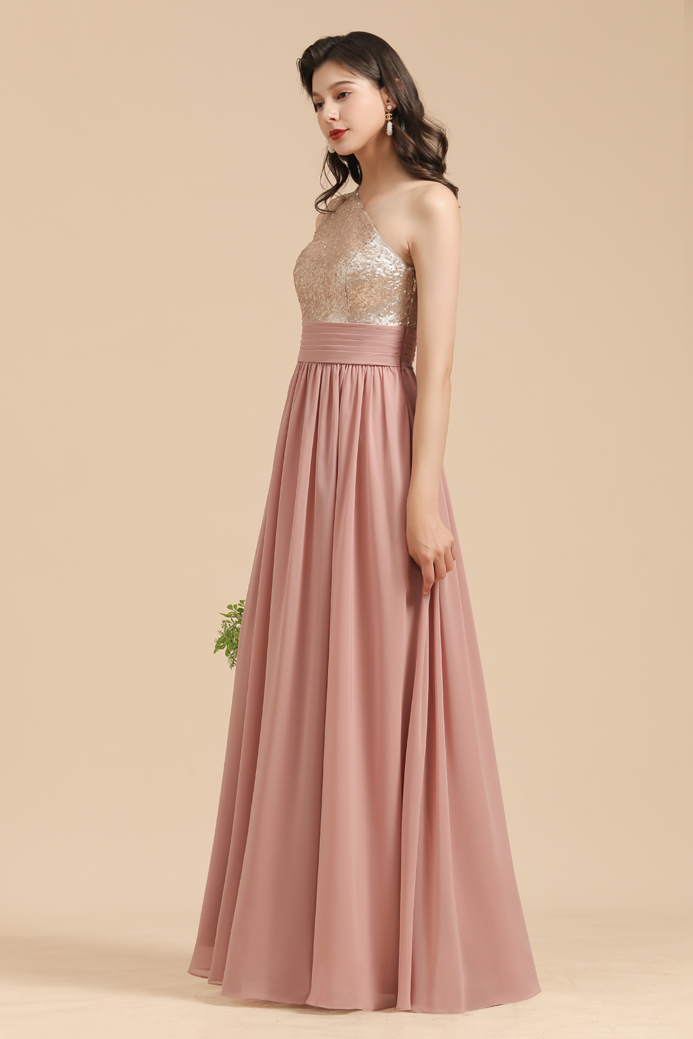 BMbridal One Shoulder Sequins Dusty Rose Bridesmaid Dress-BMbridal