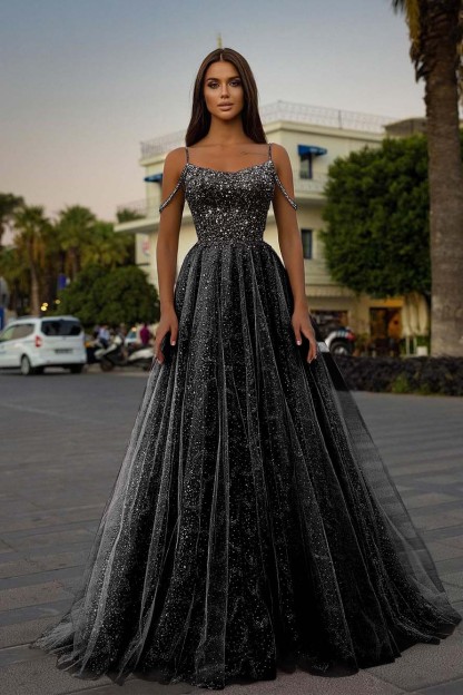 Tulle Spaghetti Strap Sleeveless A Line Long Prom Dress With Sequins Beads