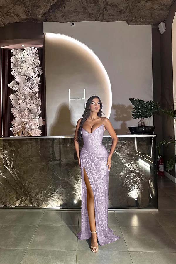 Sequin Strapless Sleeveless Long Split Prom Dress With Pleated