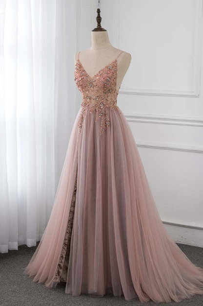 BMbridal Elegant Tulle Spaghetti Straps Appliques Prom Dresses with Front Slit Online