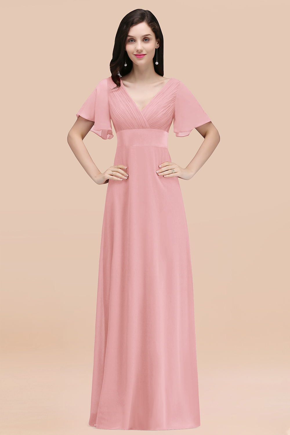 BMbridal Affordable V-Neck Ruffle Long Burgundy Bridesmaid Dress With Short-Sleeves-BMbridal