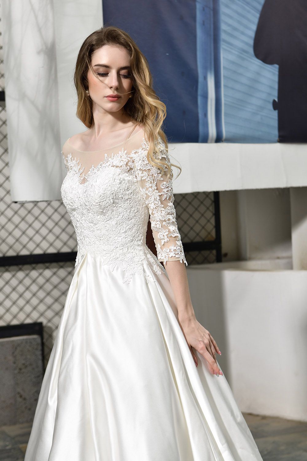 BMbridal Elegant A-Line Satin Lace 3/4 Sleeves Ankle Length Wedding Dress