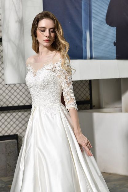 BMbridal Elegant A-Line Satin Lace 3/4 Sleeves Ankle Length Wedding Dress