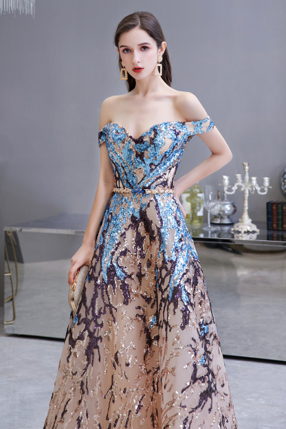BMbridal Glamorous Off-the-Shoulder Sequins Evening Gowns Long Multi-Color Prom Dress