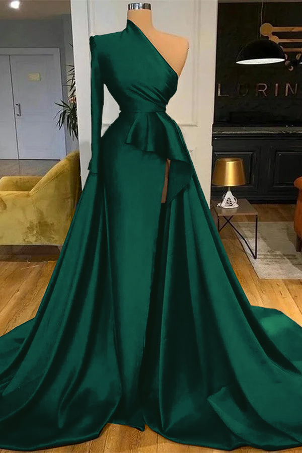 Mermaid Long Sleeve One Shoulder Dark Blue Long Prom Dress With High Split