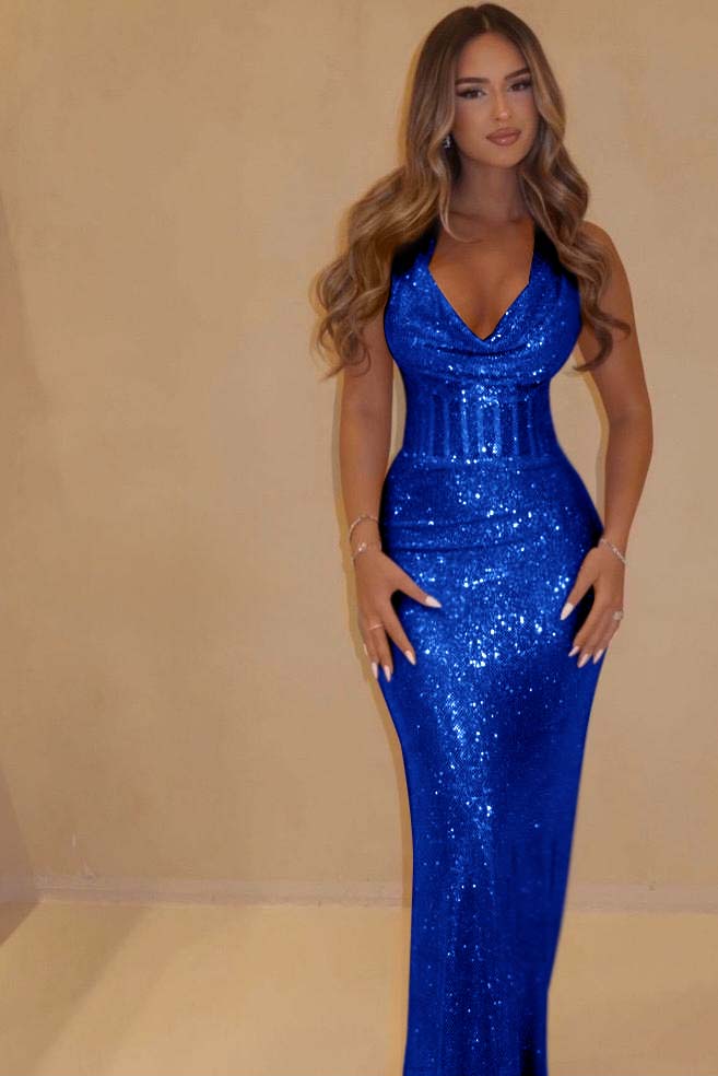 Sequin Halter Sleeveless Long Mermaid Prom Dress With Pleated