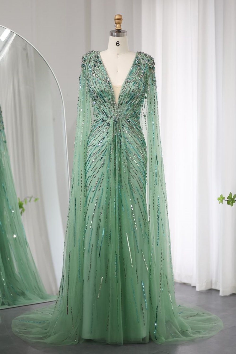 Bmbridal A-Line Gold V-Neck Floor-Length Tulle Prom Dresses with Appliques