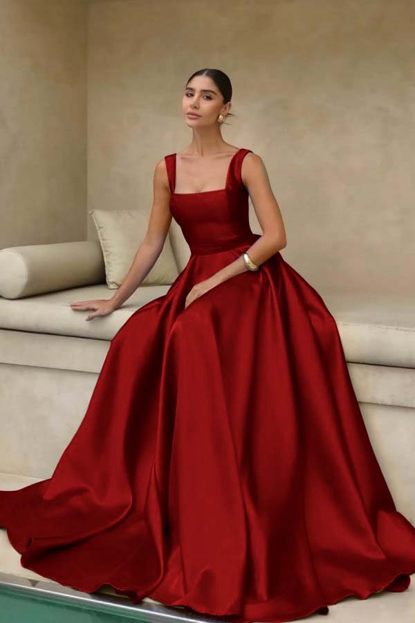 Stain Straps Sleeveless A Line Long Prom Dress With Pleated