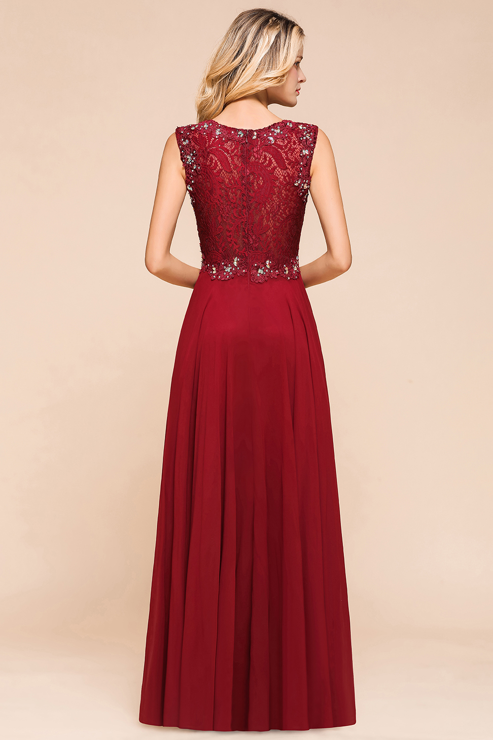 BMbridal Burgundy Lace Long Prom Dresses Sleeveless Chiffon Evening Gowns With Crystal
