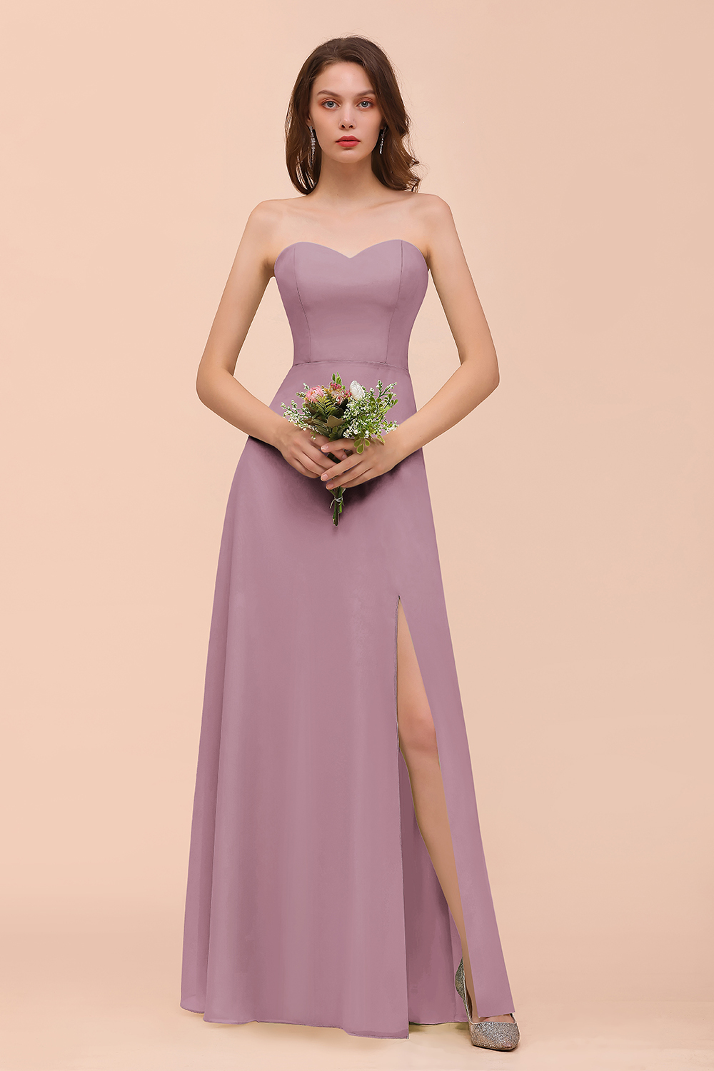 BMbridal Affordable Strapless Front Slit Long Dusty Sage Bridesmaid Dress-BMbridal