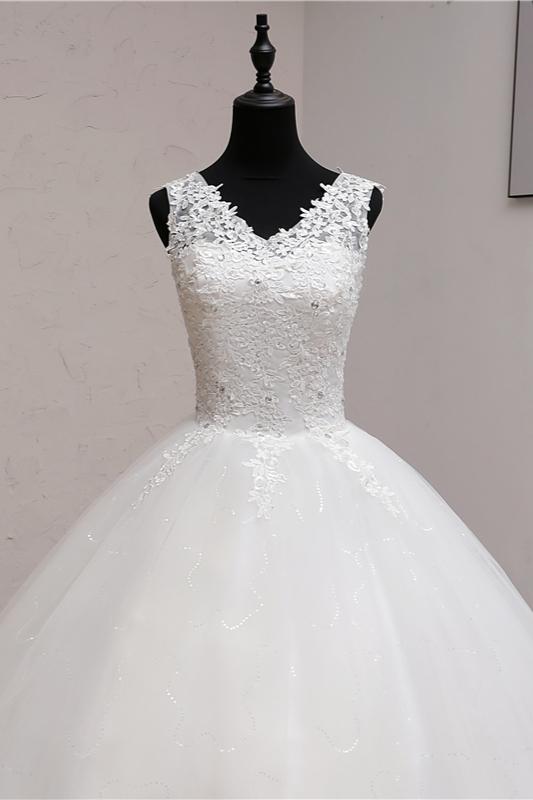 BMbridal Ball Gown V-Neck White Tulle Wedding Dresses Sleeveless Lace Appliques Bridal Gowns with Beadings-BMbridal