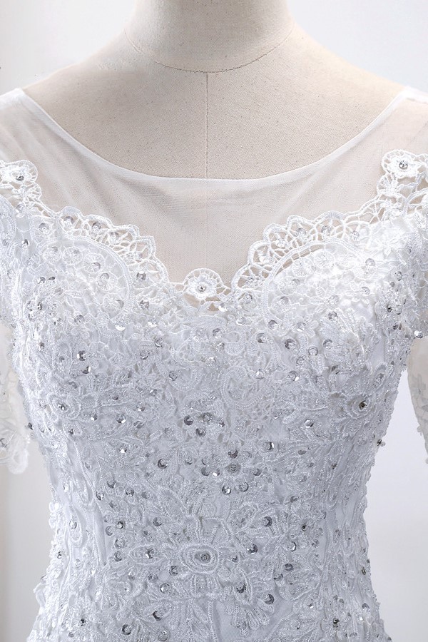 BMbridal Glamorous Jewel Tulle Lace Wedding Dress Mermaid Short Sleeves Beading Bridal Gowns Online