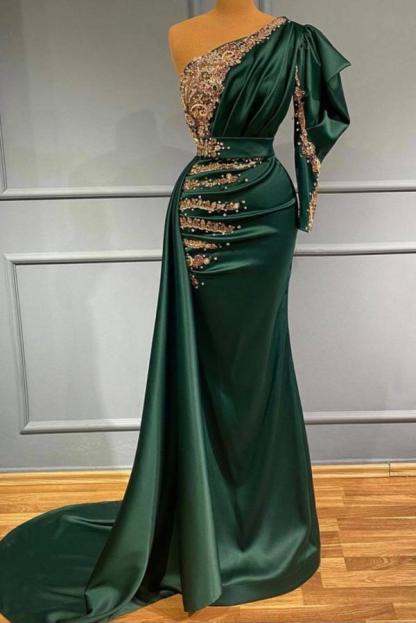 BMbridal One Shoulder Long Sleeves Dark Green Prom Dress With Beadings