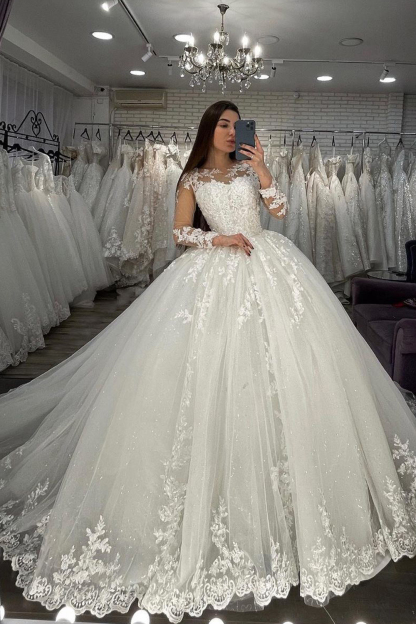 Chic Ball Gown Long Sleeves Sheer Tulle Wedding Dress with Appliques
