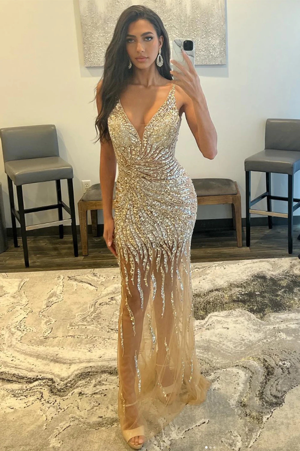 V-Neck Strapless Mermaid Prom Dress Long With Sequins