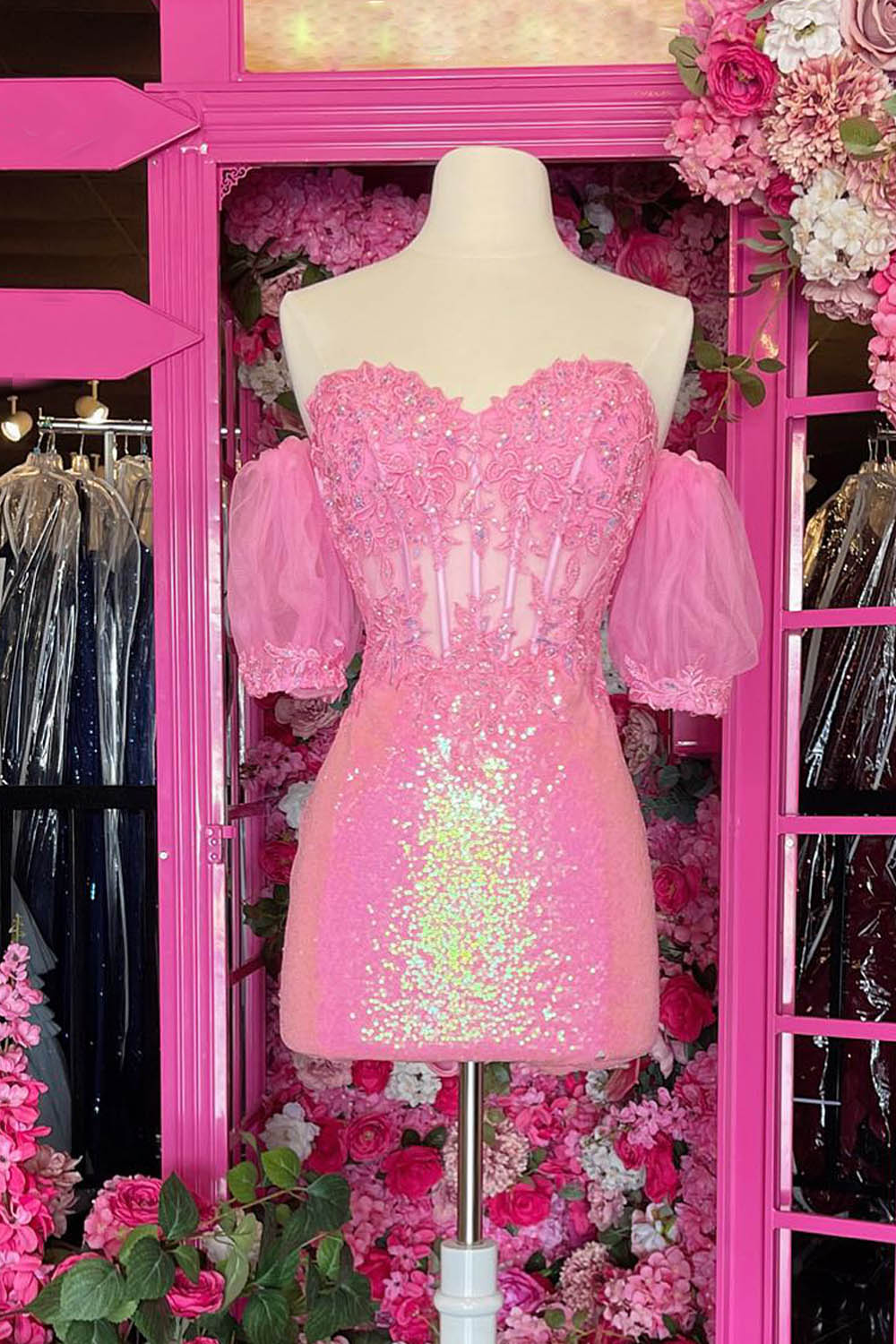 Sparkly Pink Tight Corset Sequined Short Homecoming Dress with Lace-BMbridal