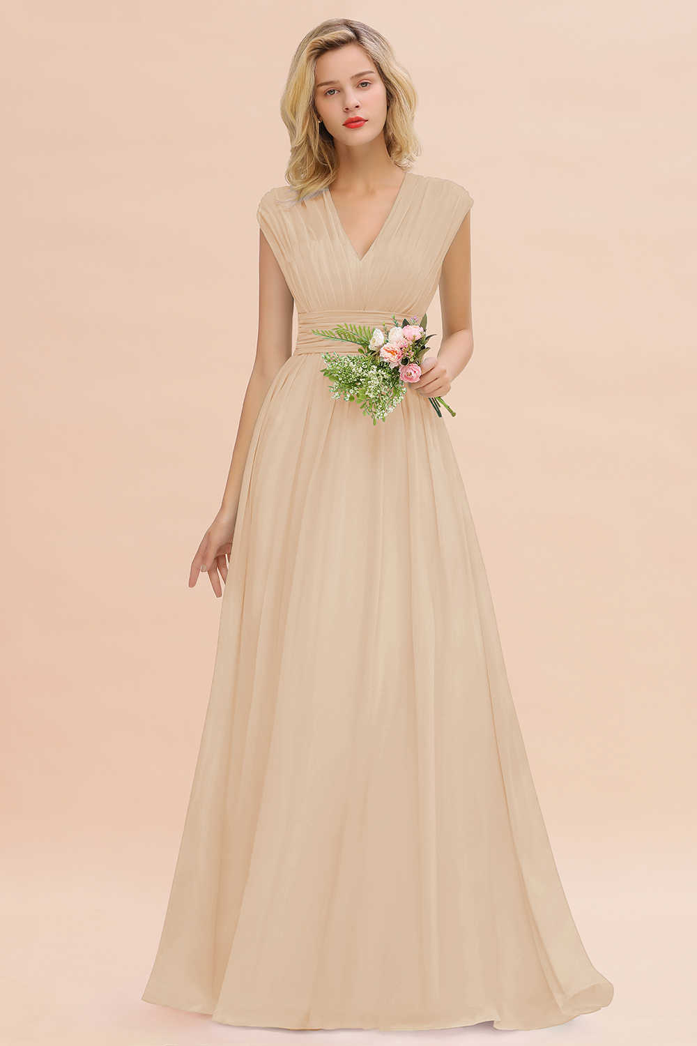 BMbridal Elegant Chiffon V-Neck Ruffle Long Bridesmaid Dresses Affordable-BMbridal