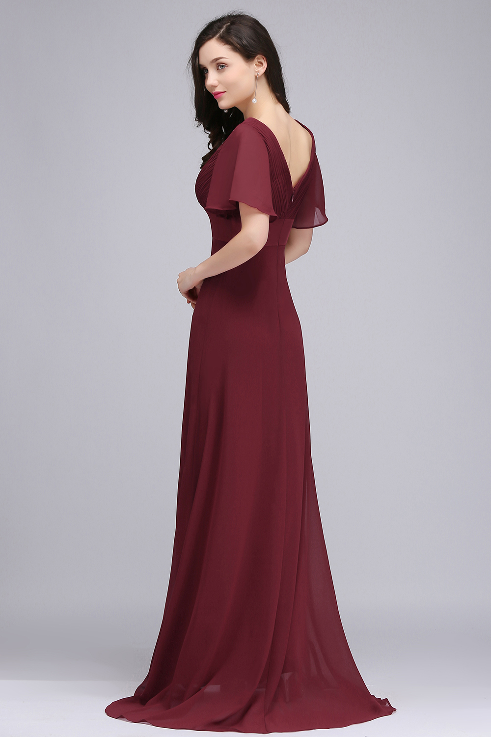 BMbridal Affordable V-Neck Ruffle Long Burgundy Bridesmaid Dress With Short-Sleeves-BMbridal