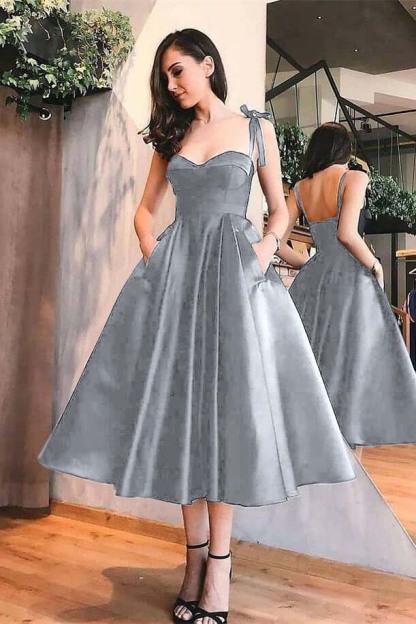 Sweetheart Black A Line Spaghetti Strap Tea Length Evening Dress With Pockets