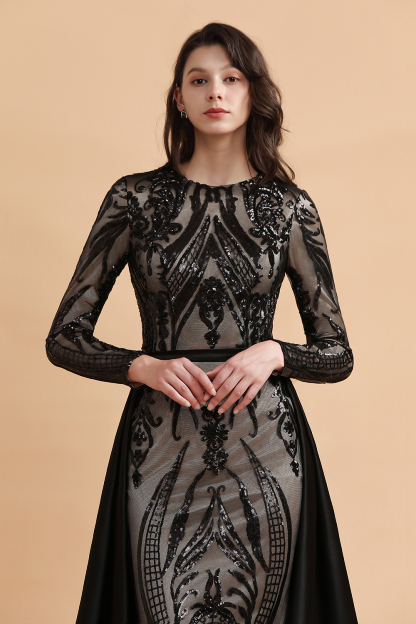 BMbridal Elegant Jewel Sequined Mermaid Prom Dresses Long Sleeves Appliques Party Dress with Overskirt-BMbridal