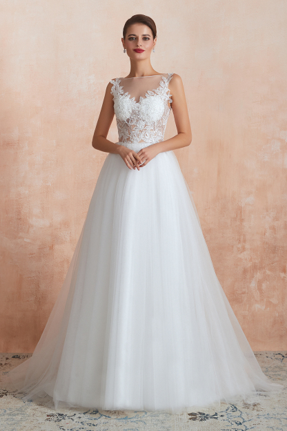 BMbridal Exquisite Sequins White Tulle Affordable Wedding Dresses with Appliques