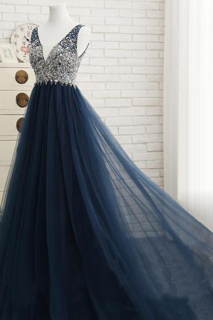 BMbridal Affordable Dark Navy Tulle V-Neck Prom Dresses Ruffle Appliques beadings Party Dresses On Sale-BMbridal