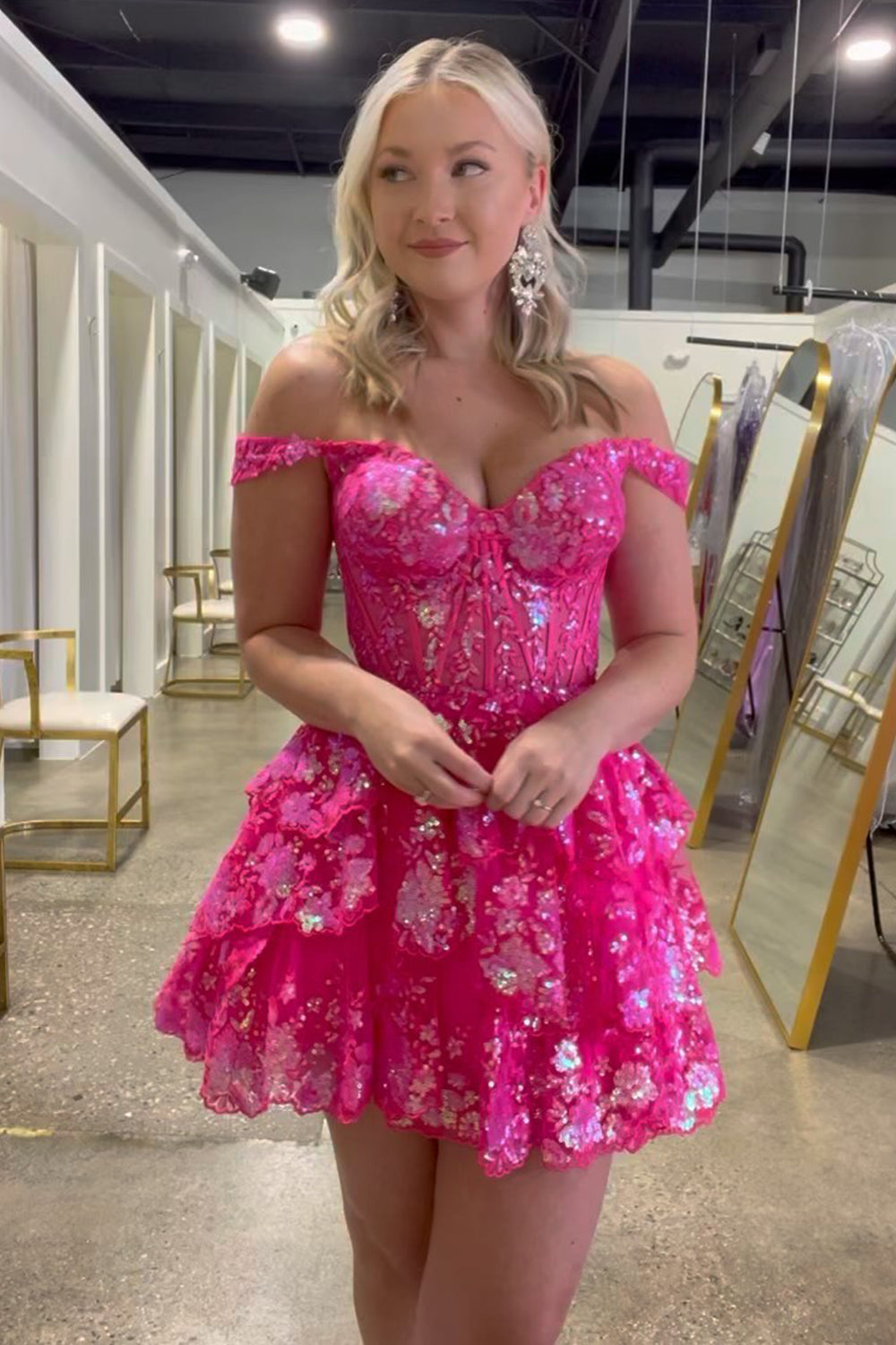 Sparkly Fuchsia Tiered Lace A-Line Short Homecoming Dress-BMbridal