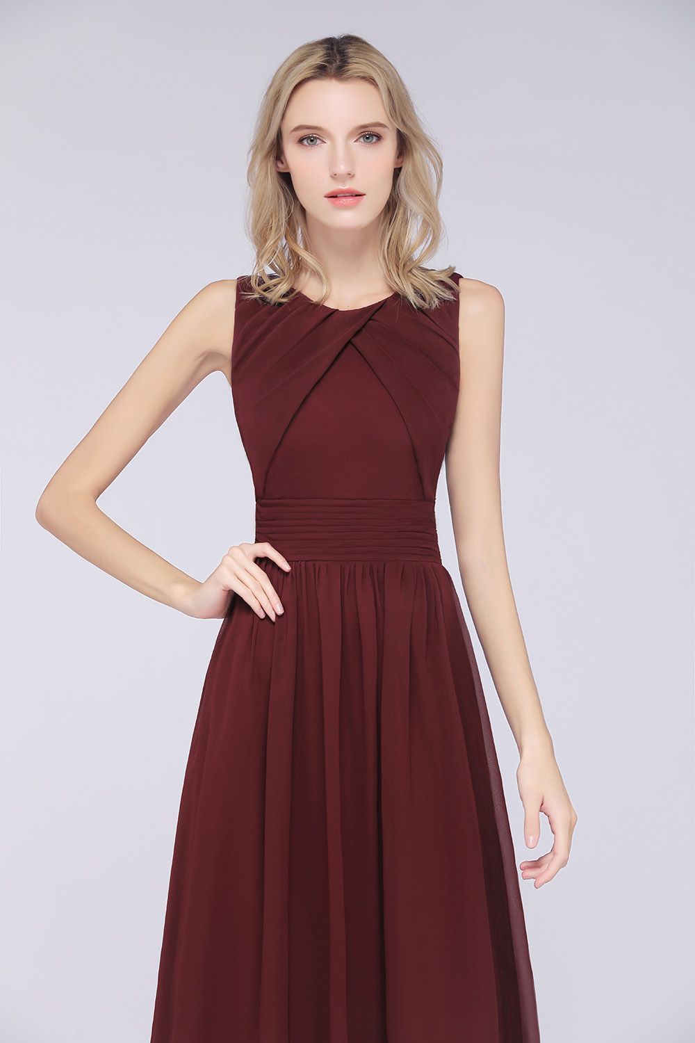 BMbridal Modest Round-Neck Sleeveless Burgundy Bridesmaid Dresses with Ruffles-BMbridal