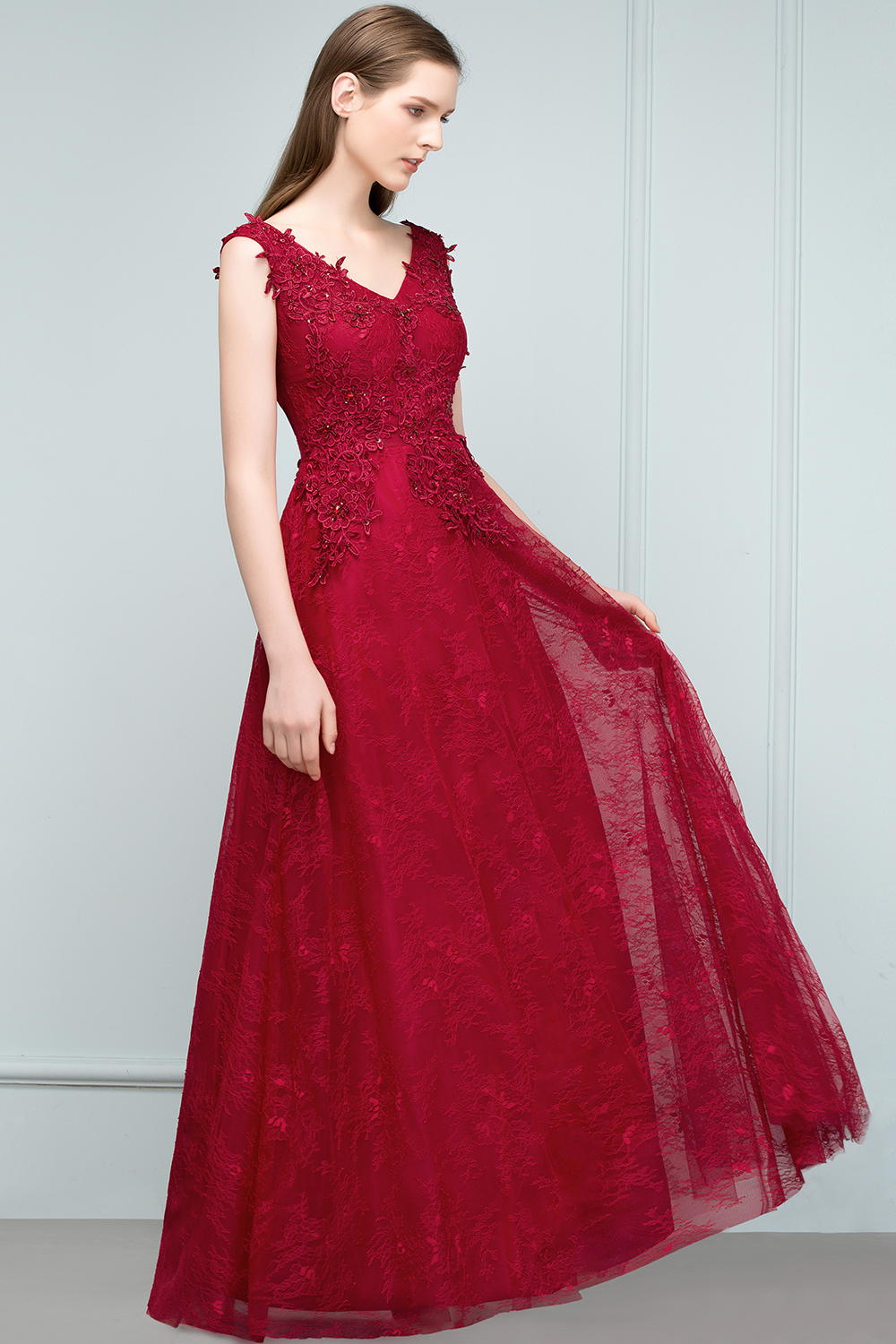 BMbridal Burgundy V-Neck Lace Prom Dress Long Evening Party Gowns With Appliques