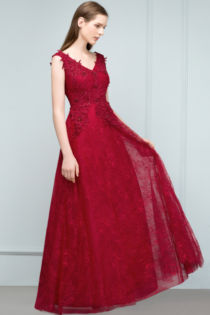 BMbridal Burgundy V-Neck Lace Prom Dress Long Evening Party Gowns With Appliques