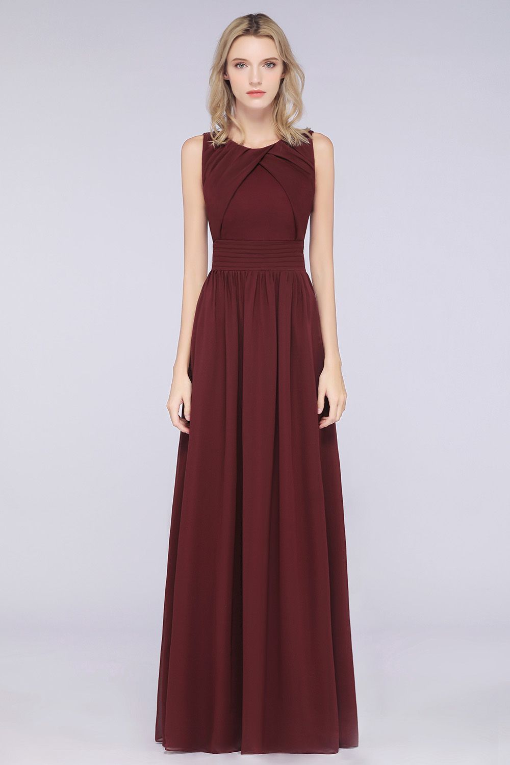 BMbridal Modest Round-Neck Sleeveless Burgundy Bridesmaid Dresses with Ruffles-BMbridal