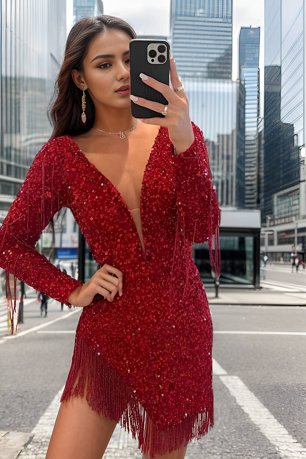Sparkly Dark Red Sequined Long Sleeves Tight Short Homecoming Dress with Fringes-BMbridal